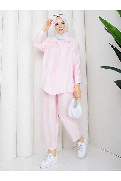 ELAY Fashion Women's Powder Color Textured Tunic Trouser Set