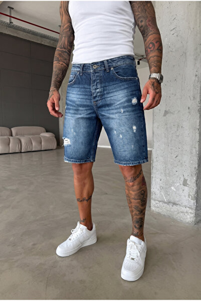 MADZEYMODA Men's Ripped Detailed Blue Washed Denim Jean Shorts Ke-1213