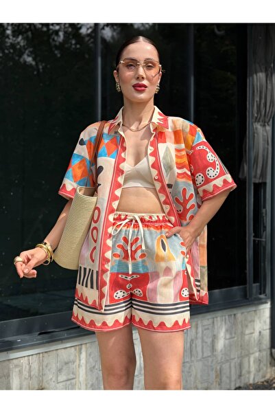 YK FASHION Etnik Desenli Şort Takım