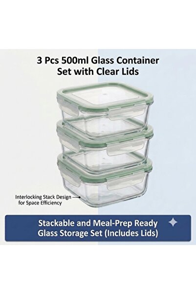 Houzi 3 Pcs Borosilicate Glass Food Containers 500ml with Lids, Square shape,...