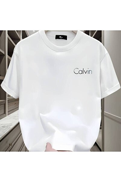 799 Men''S Heavyweight Oversized T-Shirt with Graphic Print - White Round Nec...