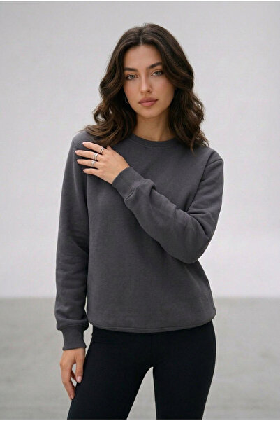 ELAFRO Women's Dark Smoked Crew Neck 3-Thread Fleece Sweatshirt