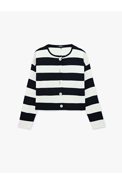 Koton Buttoned Long Sleeve Crew Neck Knitwear Striped Cardigan