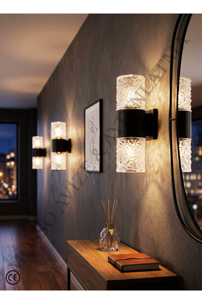 Mosso Faset Siyah Metal Gövdeli Kristal Kesim Camlı Modern Duvar Apliği