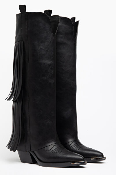 DENORA Black Matte Leather Tasseled Trousers Metal Toe Western Cowboy Knee-Hi...