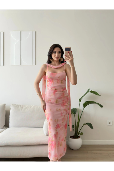 Zoom Butik Çiçek Desen Fularlı Elbise - PEMBE