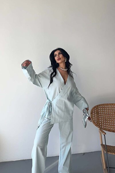MyLoore Women's Ice Blue Linen Double-Breasted Top and Bottom Set with Tie De...