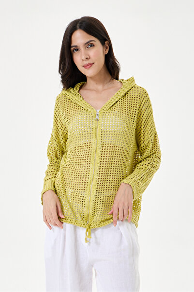 della moor Women's Yellow Italian Glitter Mesh Zippered Hooded Long Sleeve Ja...