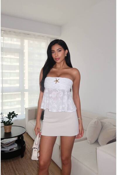 FLOWERİNG White Embroidered Buckle Bustier