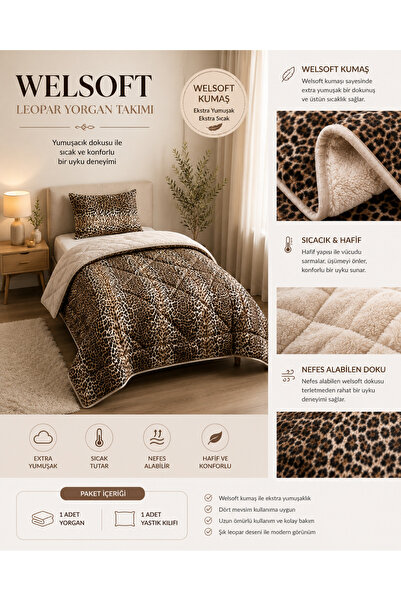 Berrak Home Ev İçin Herşey Zense Concept Tek Kişilik Welsoft Leopar Yorgan+ya...