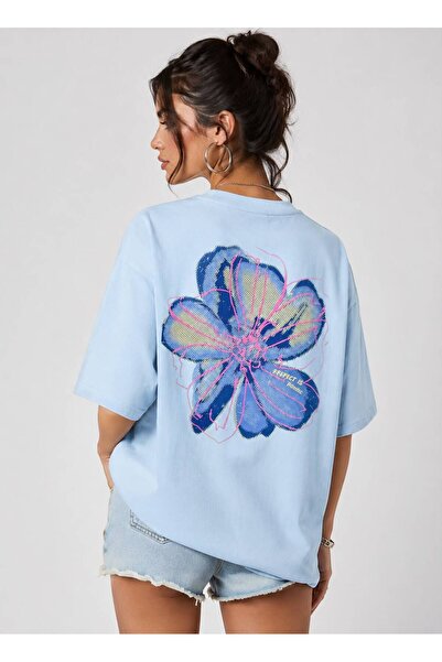 khufu Oversize Fit Cotton Blue Floral Printed Relaxed Cut Unisex T-Shirt