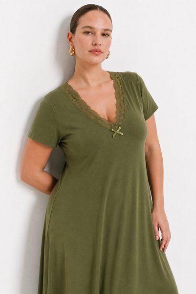 ESLEMCE Bamboo Viscose Fabric V Lace Collar Detailed Flared Dress