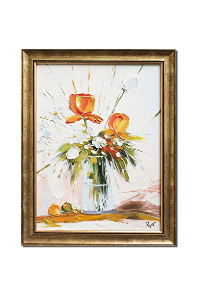 artnova Ръчно рисувана импасто картина на ваза с цветя, в рамка, Пюрити, 45x3...