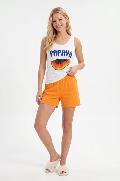 Rays Orange Shorts Pajama Set with Daisy Pattern 0417