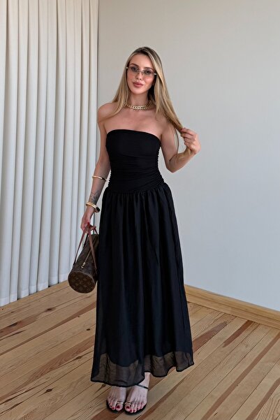 Laluvia Rochie neagră fără bretele cu contrast - 0106