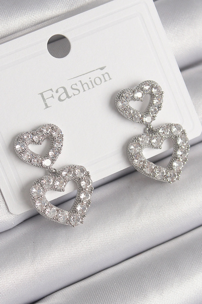ARMÜZ Brass Silver Color Zircon Stone Dangle Heart Model Women's Earrings