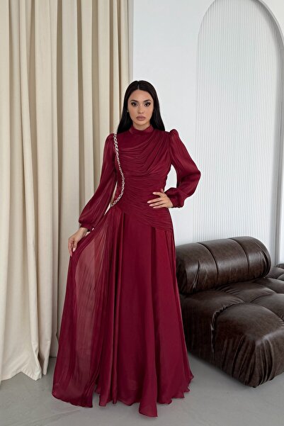 Serica Moda Bordo Zincir Taş İşlemeli Balon Kol Parlak Şifon Kumaş Abiye Elbise
