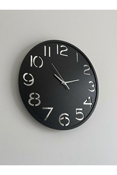 ERGEÇ TASARIM Noir Series Black Wooden Mirrored Silver Plexi Wall Clock