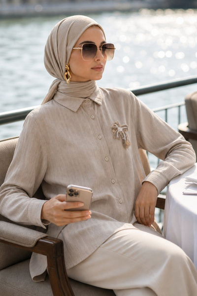N.S NEVA STYLE Broş Detaylı Bej Tesettür Tunik 11192BEJ