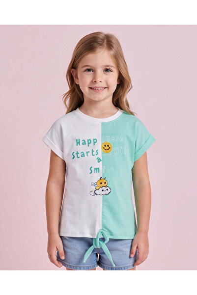 REDTAG Girls White And Mint Printed T-Shirt