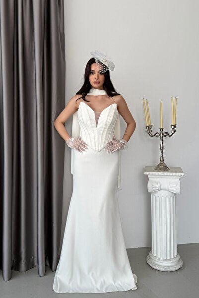 Serica Moda Beyaz Straplez Dantel Korse Detaylı Fularlu Balık Model Abiye Elbise