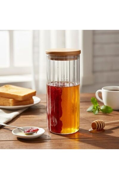 Yıldızan Albemo Linie Series Borosilicate Glass Jar with Bamboo Lid - 350 ml ...