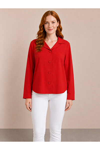 Neden Tekstil Women's Red Classic Collar Buttoned Long Sleeve Shirt