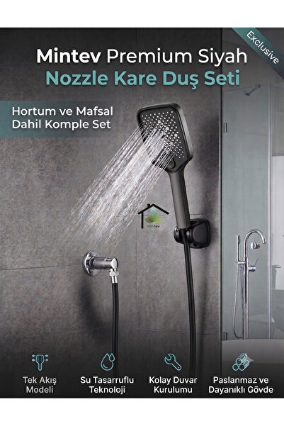mintev Noozle Siyah Lüks Duş Başlığı Siyah Hortum Ve Mafsal Komple Set