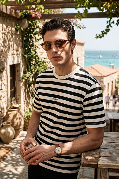 Buratti Çizgili Pamuklu Relaxed Fit Bisiklet Yaka T Shirt Erkek T SHİRT 5904078
