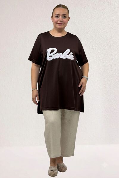 Eslina 68509 Large Size Front Printed Ribbed Thin Modal T-Shirt - Coffee