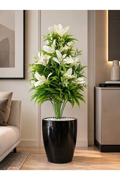 Generic Premium Artificial White Leaf Plant with Decorative Black Pot | Reali...