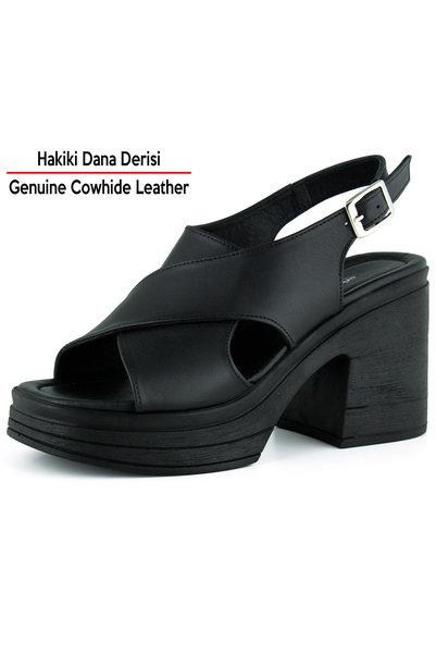 Erkan Saçmacı Nicole Black Genuine Calfskin Cross-Strapped Thick Platform Heeled Sandals