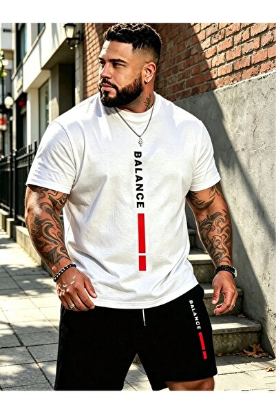 ZAVIXO Large Size Men's Oversize Balance Printed Shorts Set - White T-Shirt B...