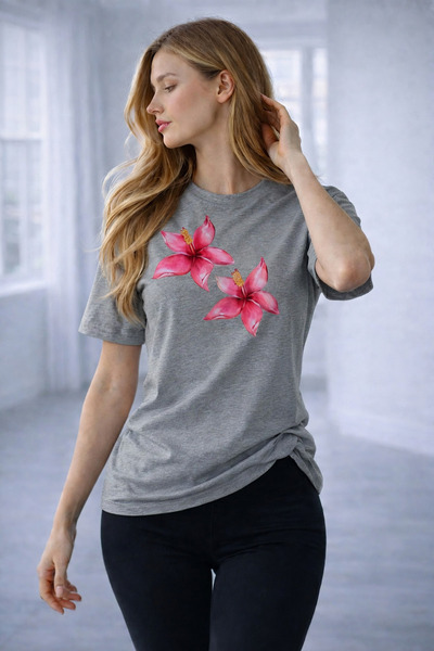caddekombin Women's Summer Style Pink Floral Printed Round Neck Sports T-Shir...
