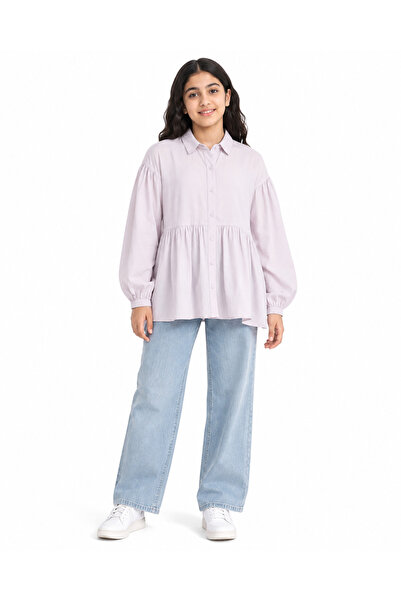 Generic Girls Peplum Shirt Light Pink Long Puff Sleeves Button-Down | Relaxed...