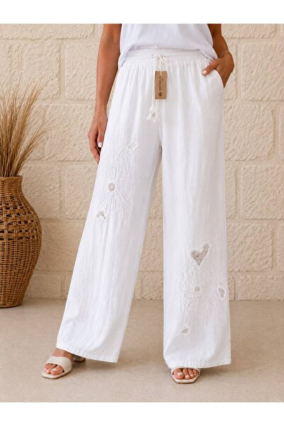 AGORATEKSTİL Women's Elastic Waist Cotton Linen Fabric Embossed Mesh Detailed...