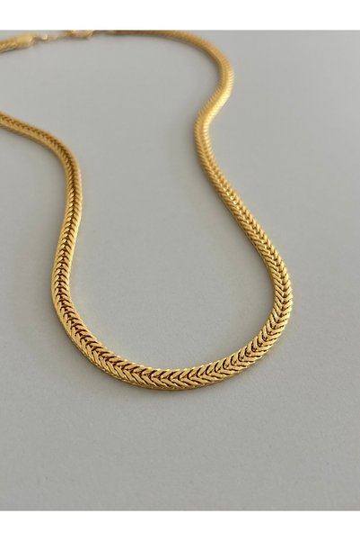 DİESMOONCO Herringbone Weave Chain Necklace – Gold Color Stainless Steel Thick Chain Women's Necklace