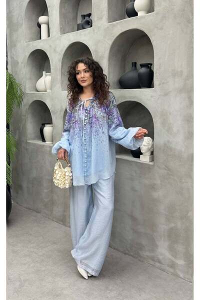 Cardella Camelia Premium Voile Fabric Patterned Top and Bottom Pants Set - Hi...