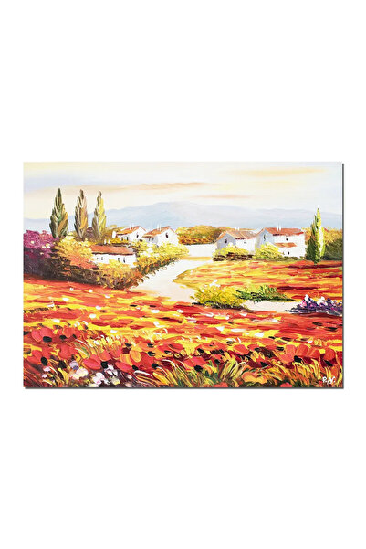 artnova Tablou peisaj cu maci si case pictat manual, 70x50cm ulei pe panza, V...