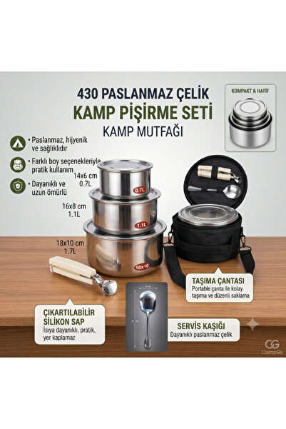 Lic LifeInCamp Paslanmaz Çelik Kamp ve Doğa Pişirme Seti (9 Parça Premium Büy...