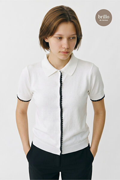 Bisou Polo Collar Front Buttoned Lace Trim Slim Knitwear Blouse