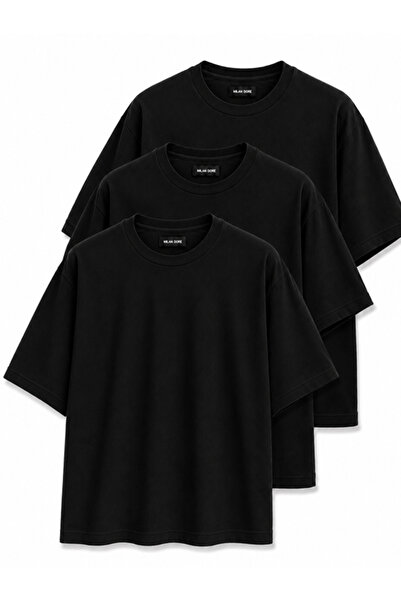 MİLANDORE 3'lü Paket Unisex Siyah Oversize T-shirt Seti - Bisiklet Yaka Basic...