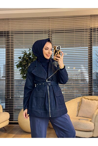 ALANURMODA 7471 Shoulder Stone Stripe Detail Denim Jacket Navy Blue