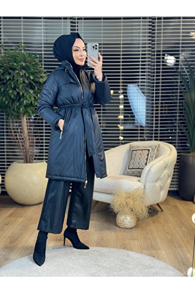 Nihle 7623 Pockets Zippered Hooded Coat Black