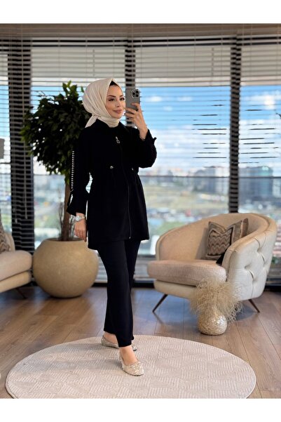 2K 25015 طقم بأكمام مزينة باللؤلؤ وسحاب أسود