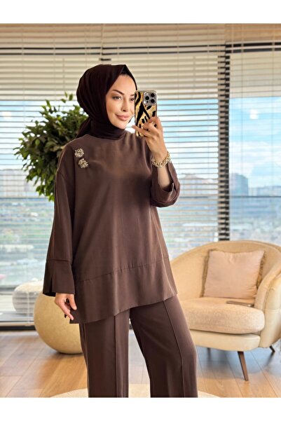 ALANURMODA 14493 Skirt and Cuff Detail Set Brown