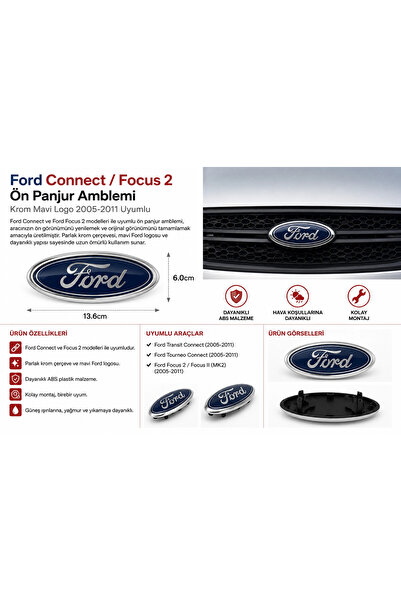 İthal Ford Connect / Focus 2 Ön Panjur Amblemi Krom Mavi Logo 2005-2011 Uyumlu