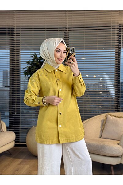 ALANURMODA 7486 Shoulder Stud Star Detailed Denim Jacket Yellow