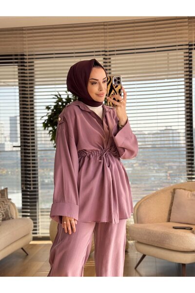 ALANURMODA 7494 بدلة بكتف مزين بشرائط ورباطات أمامية باللون الوردي