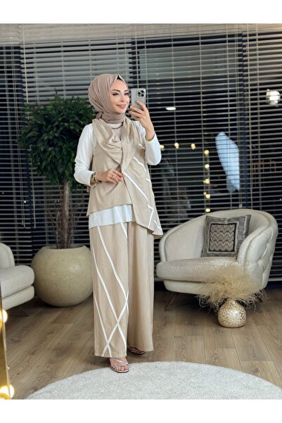 ALANURMODA Z738 بدلة بدون أكمام مع تفاصيل زخرفية باللون البيج